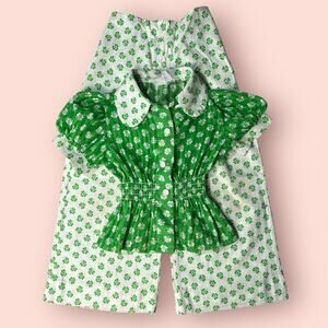 Vtg Cinderella Shamrock Green Blouse White Wide Leg Pants Girls Small Outfit Set